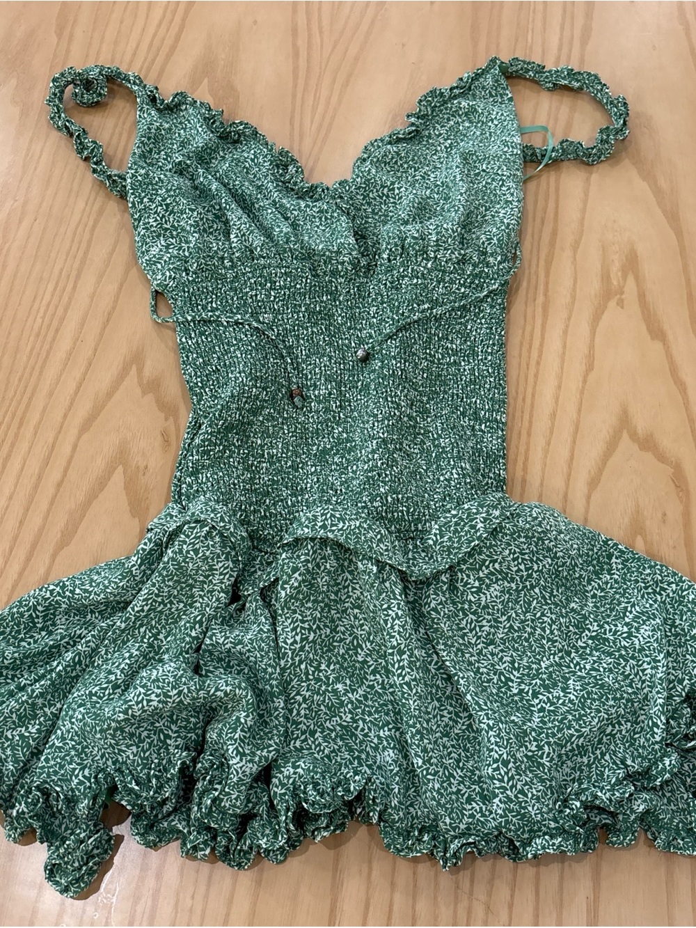 Green Mini Dress with Smocked Bodice